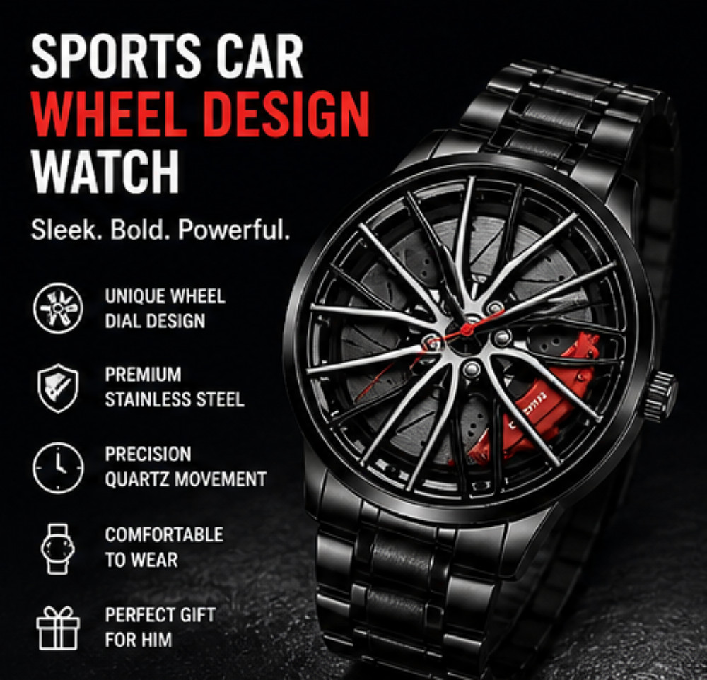 Men’s Sports Car Wheel Design Watch – Stainless Steel Analog Quartz Wrist Watch