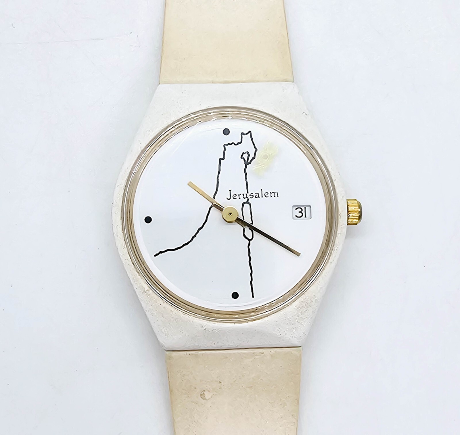 Jerusalem Wrist Watch Map of Israel NDC Parts or Repair Vintage White Holy City