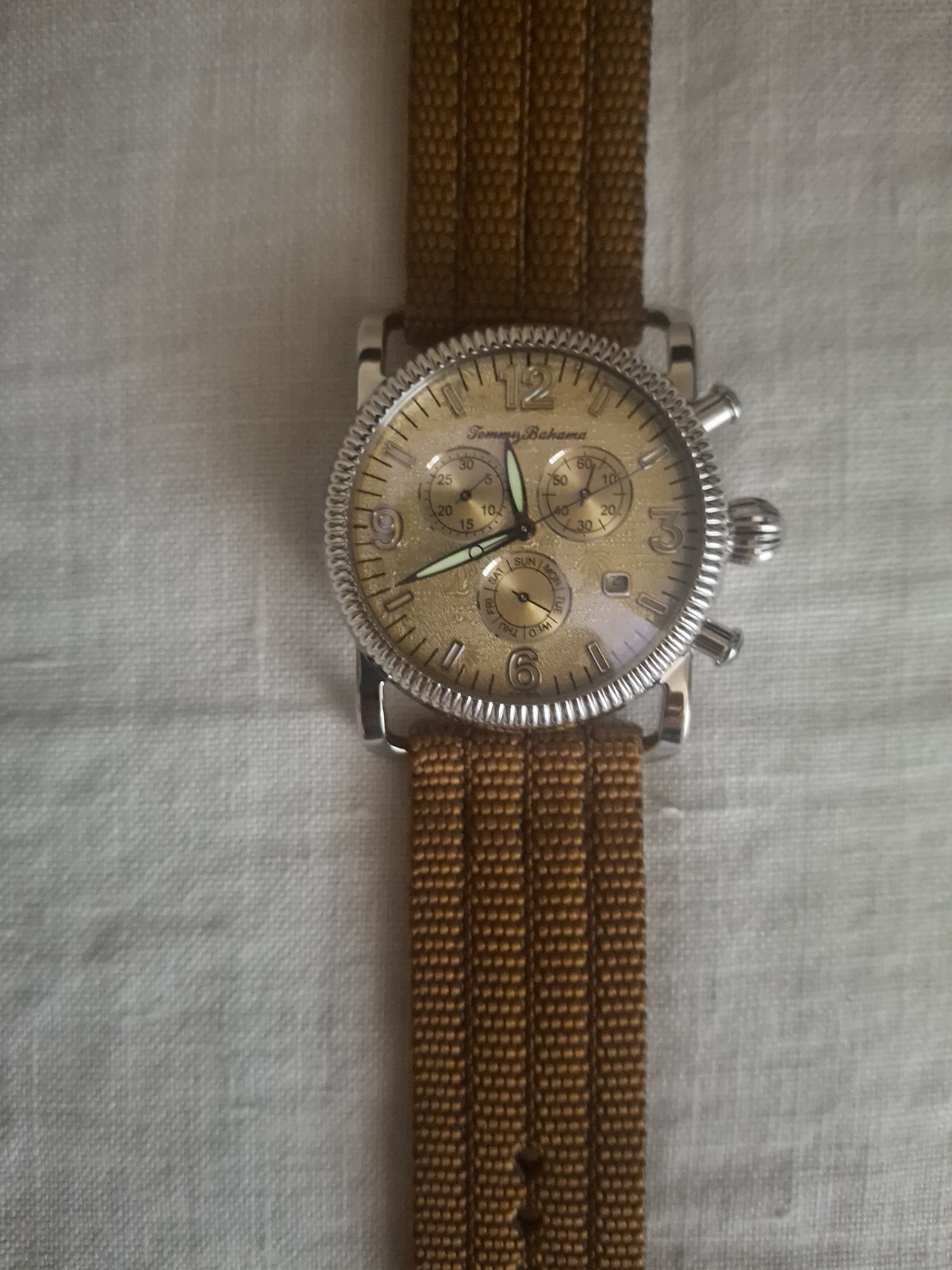 Tommy Bahama TB1001 Quartz Chronograph Analog Gold Dial Brown Strap 43mm 165ft