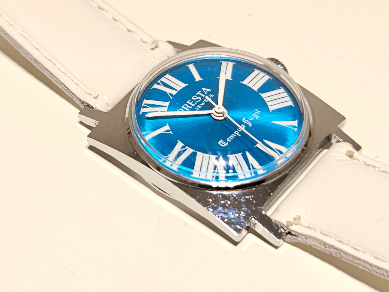 VINTAGE SQUARE 28mm BLUE DIAL MEN LADIES MECHANICAL WATCH «PRESTA»TEMPUS FUGIT