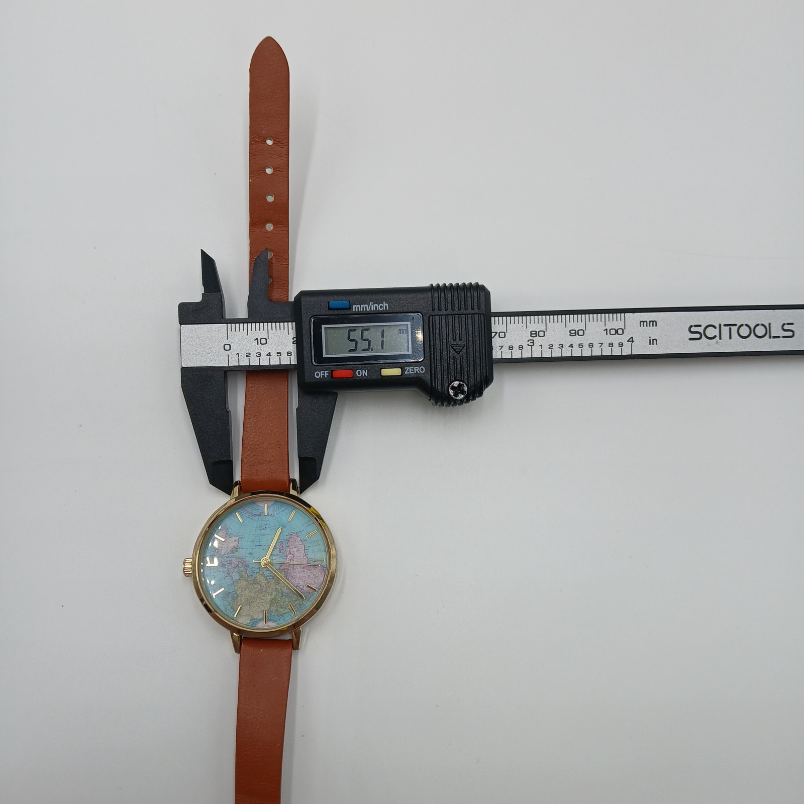 World Map Dial Watch Brown Leather 8in Strap Gold Tone Quartz Japan New Battery