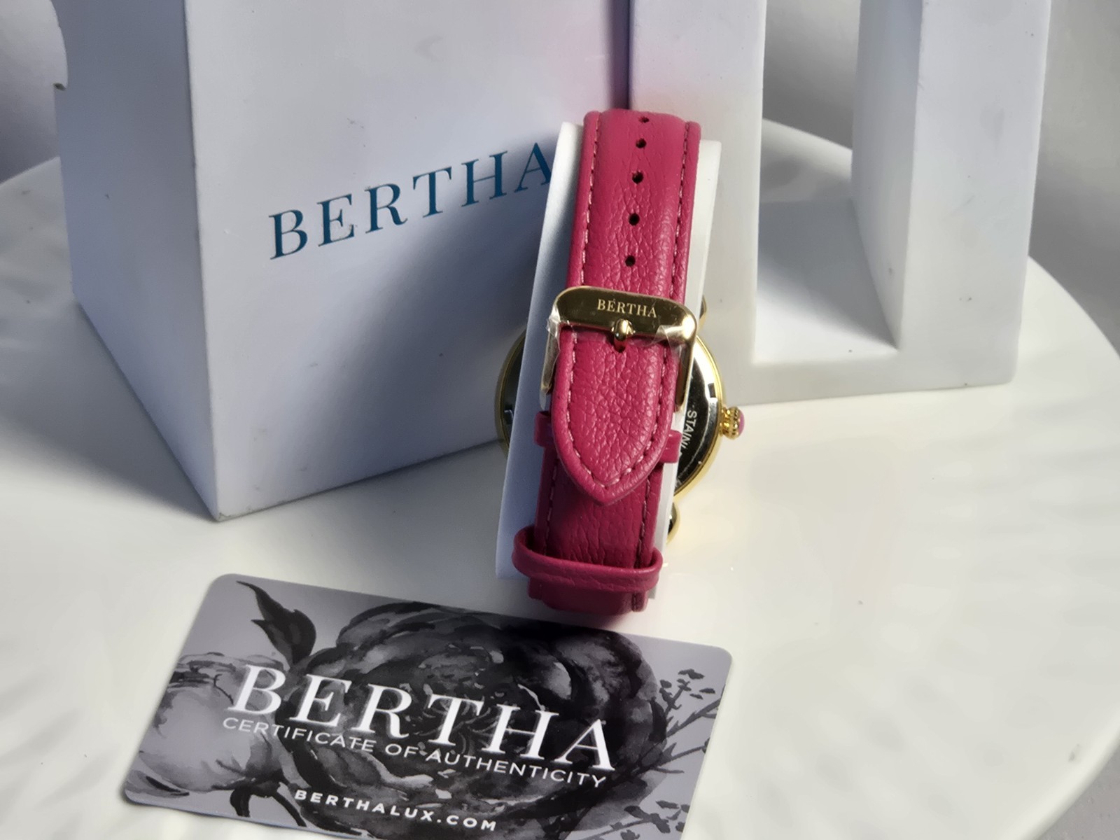 Bertha Women’s Owl Dial Quartz Watch 38mm Gold Steel Pink Leather 30m Box