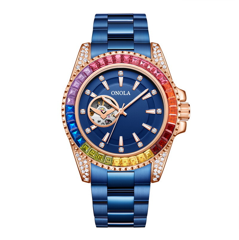 ONOLA Rainbow Pavé CZ Hollow Out Waterproof Luminous Automatic Mechanical Watch
