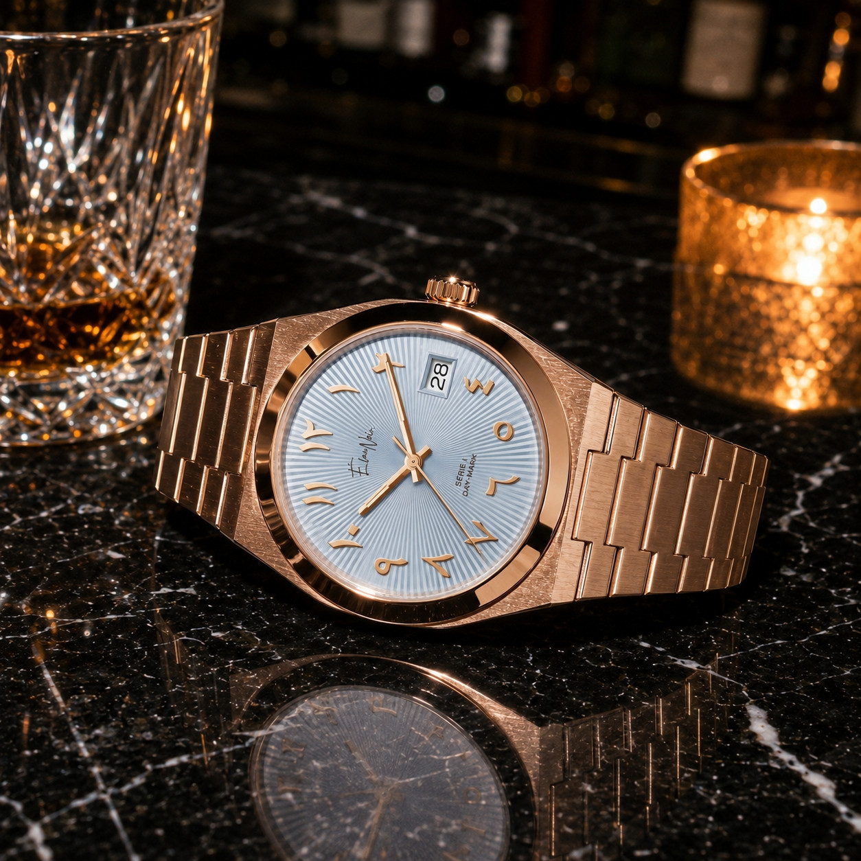 Custom Élan Noir Série I Rose/Blue 36mm Auto NH35 Sapphire Crystal Steel Watch