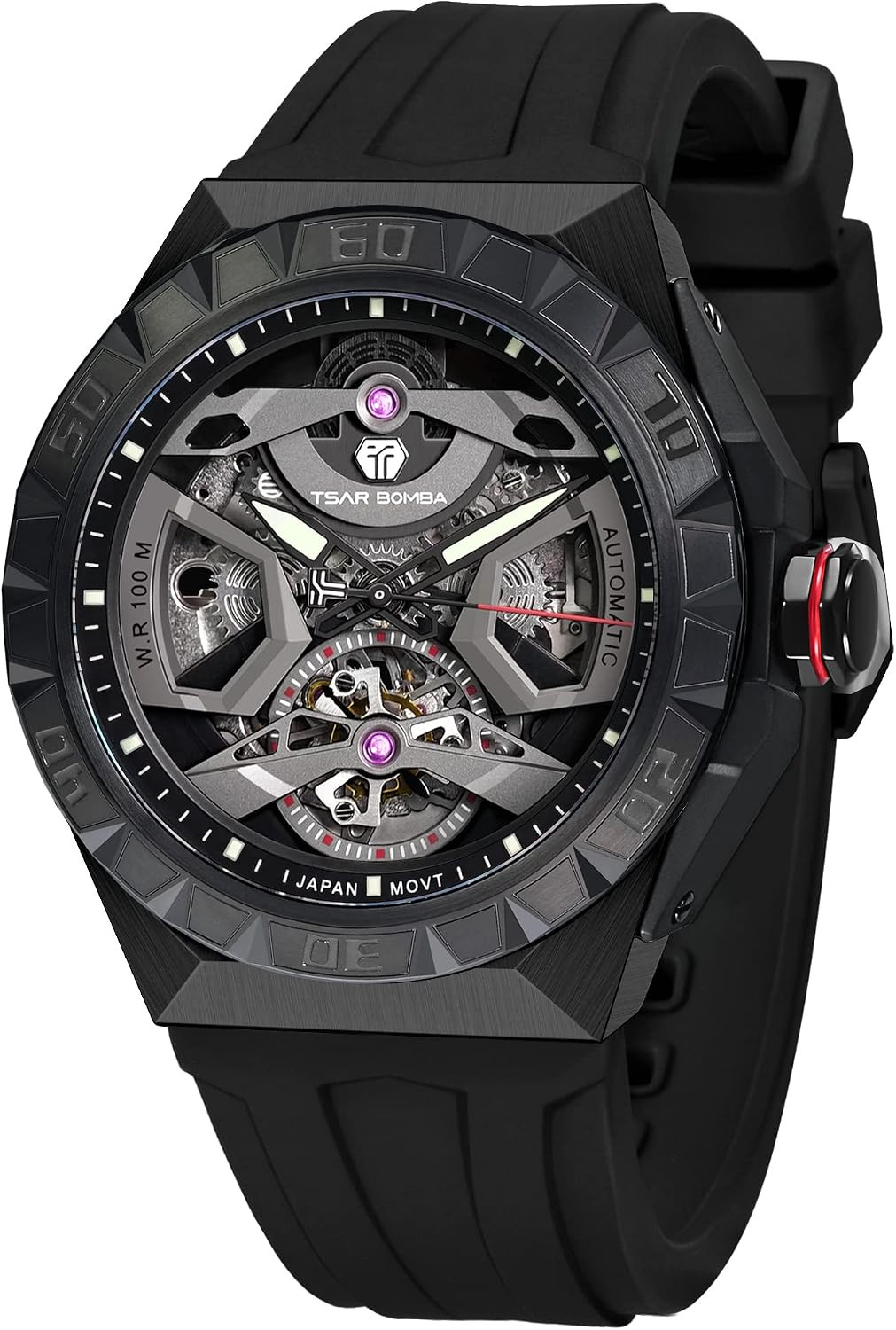 Luxury Men’s Automatic Skeleton Watch 100M Waterproof Octagon Dial FKM Strap