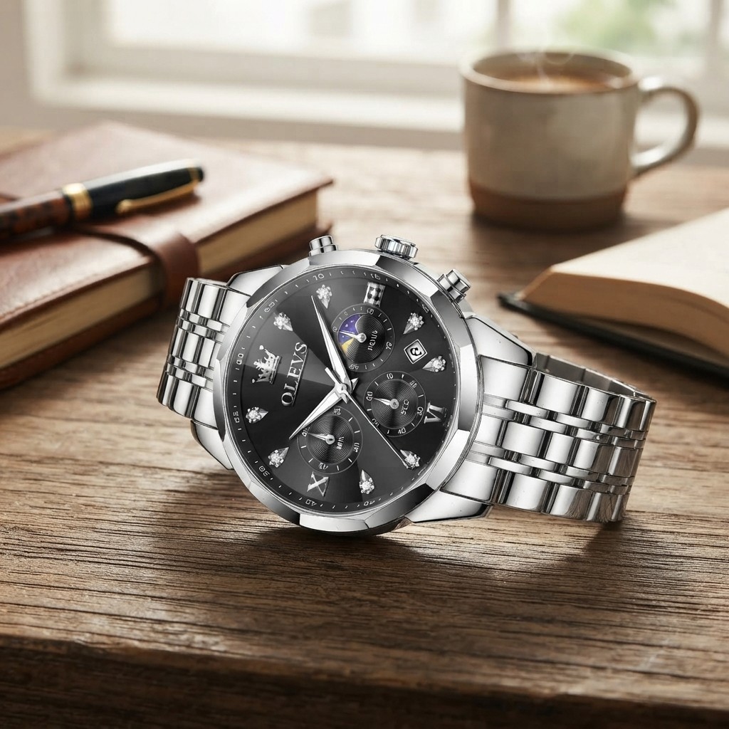 Elegant Silver & Black Men’s Watch with Diamond Accents – Business Dress Style