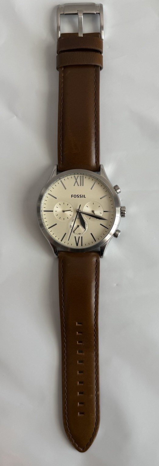 Men’s Fossil Fenmore Brown All Stainless Steel Watch w/Ivory Dial Needs Battery