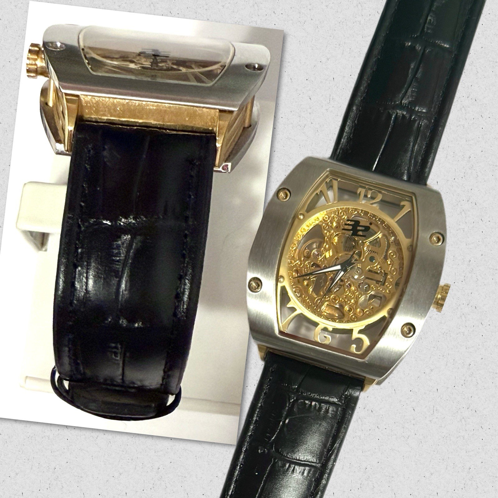 W44mm Auto Floating Goldtone Skeleton Dial | Silvertn Tonneau | 32 DEGREES Watch
