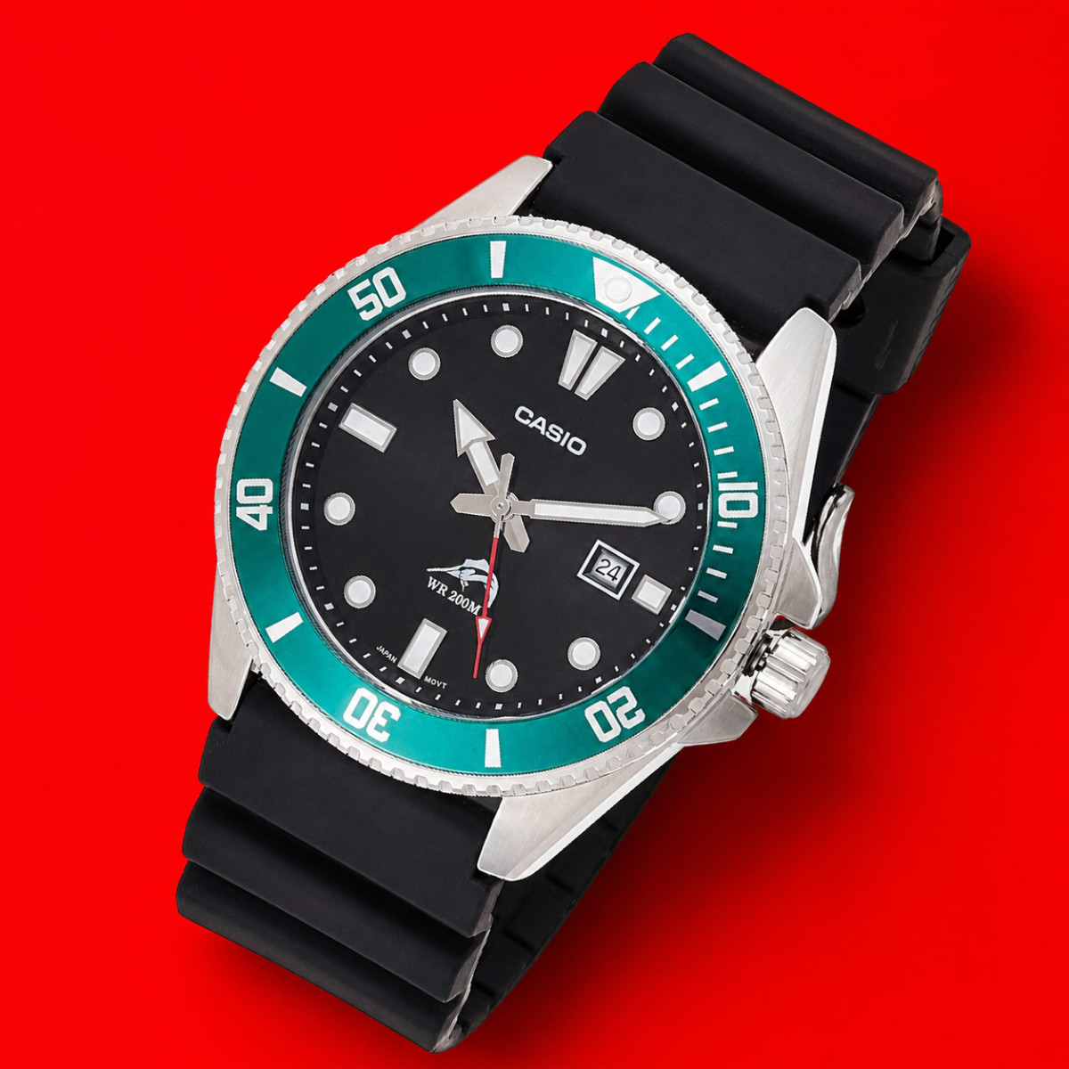Men’s 200M Waterproof Diver Watch Resin Band Quartz Green Bezel Black Dial Casio