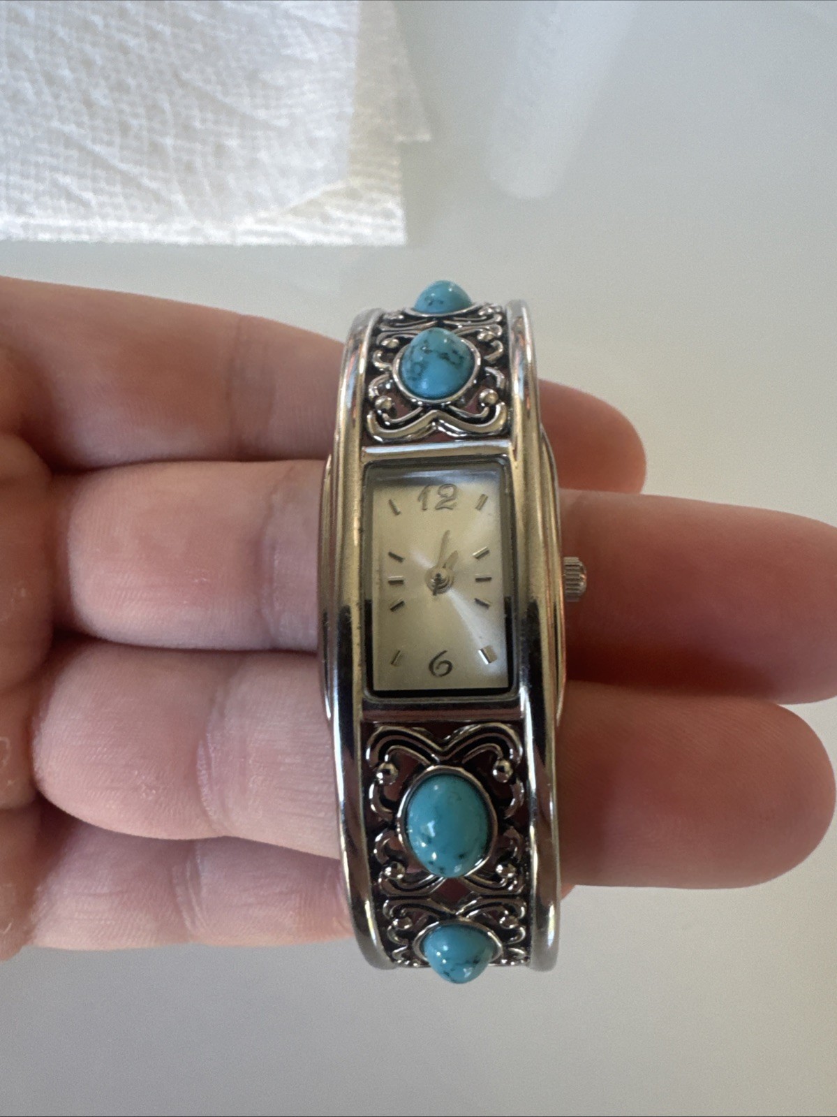 Bracelet Watch Women’s Jewelry Silver Tone Blue Stones Hinge Clasp