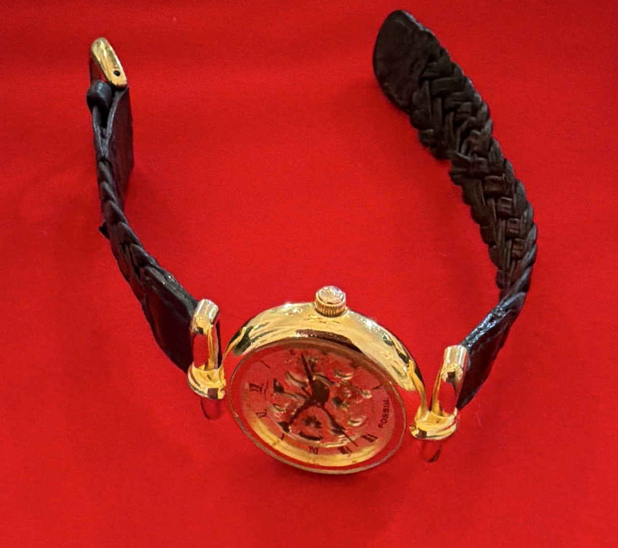 Fossil Skeleton Automatic Analog Watch Gold Tone Dial Case Black Braided Strap