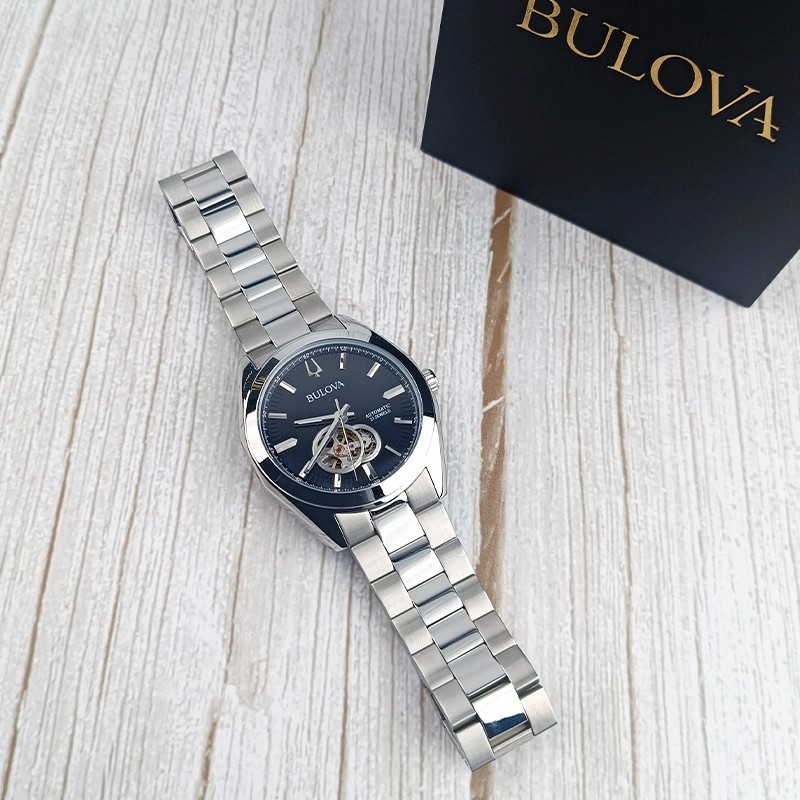 Bulova Surveyor Automatic Black Gold Dial Silver Steel Men Watch 42mm 96A270