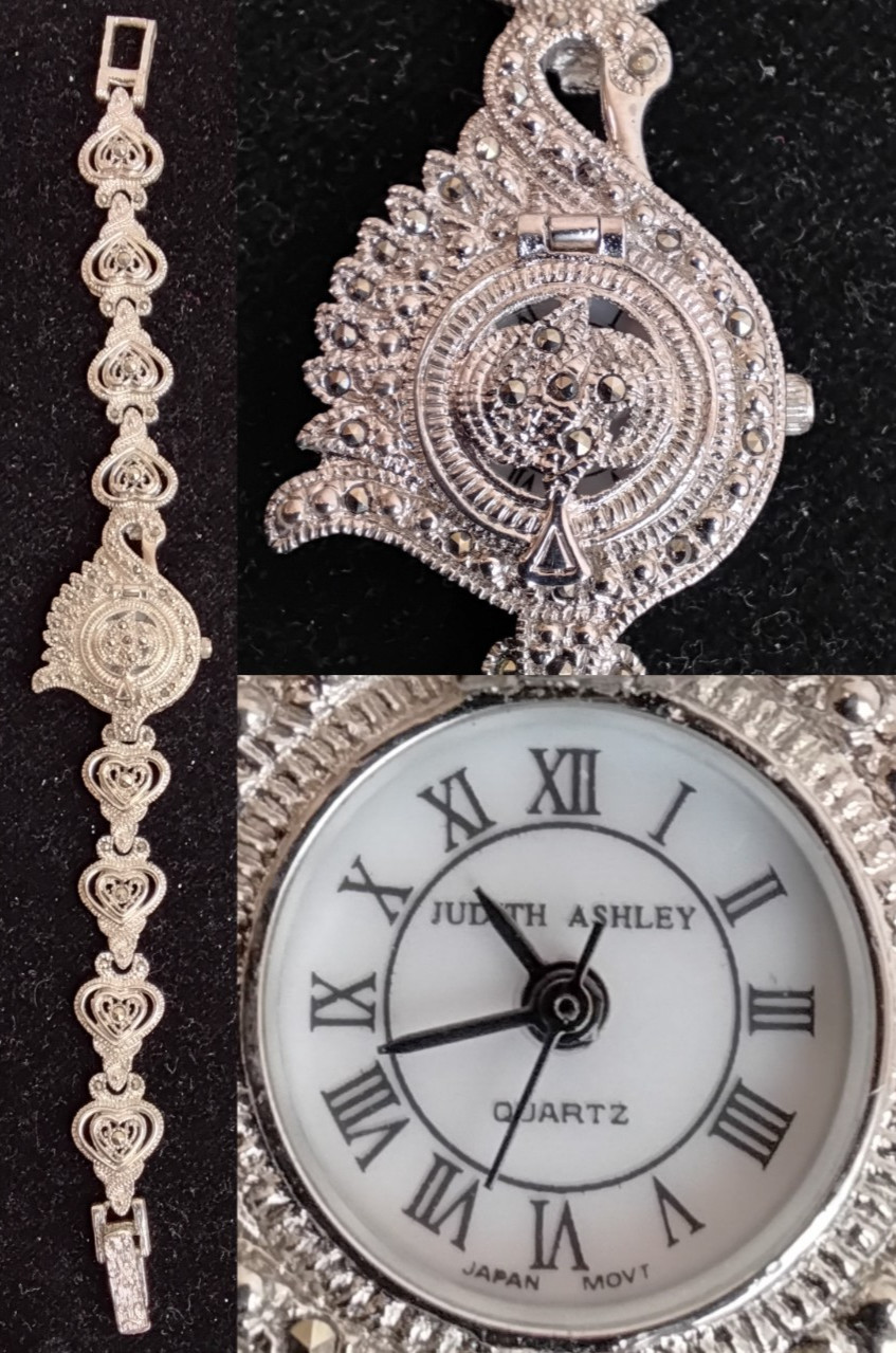 Judith Ashley Ladies Watch Swan Bracelet Hearts Silver Tone Vintage #Z5667