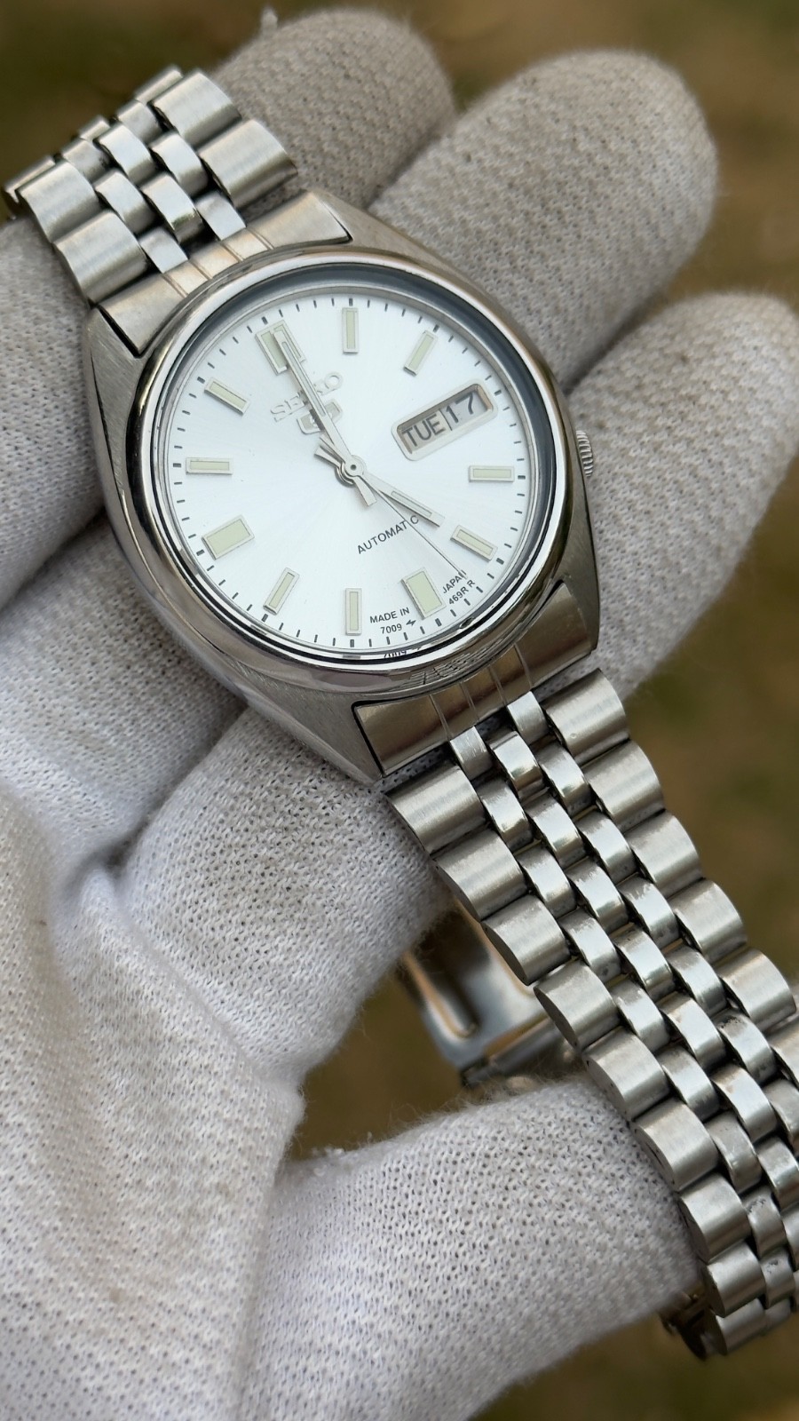 Vintage Seiko 5 Automatic Mens Watch 7009 White Dial 17 Jewels