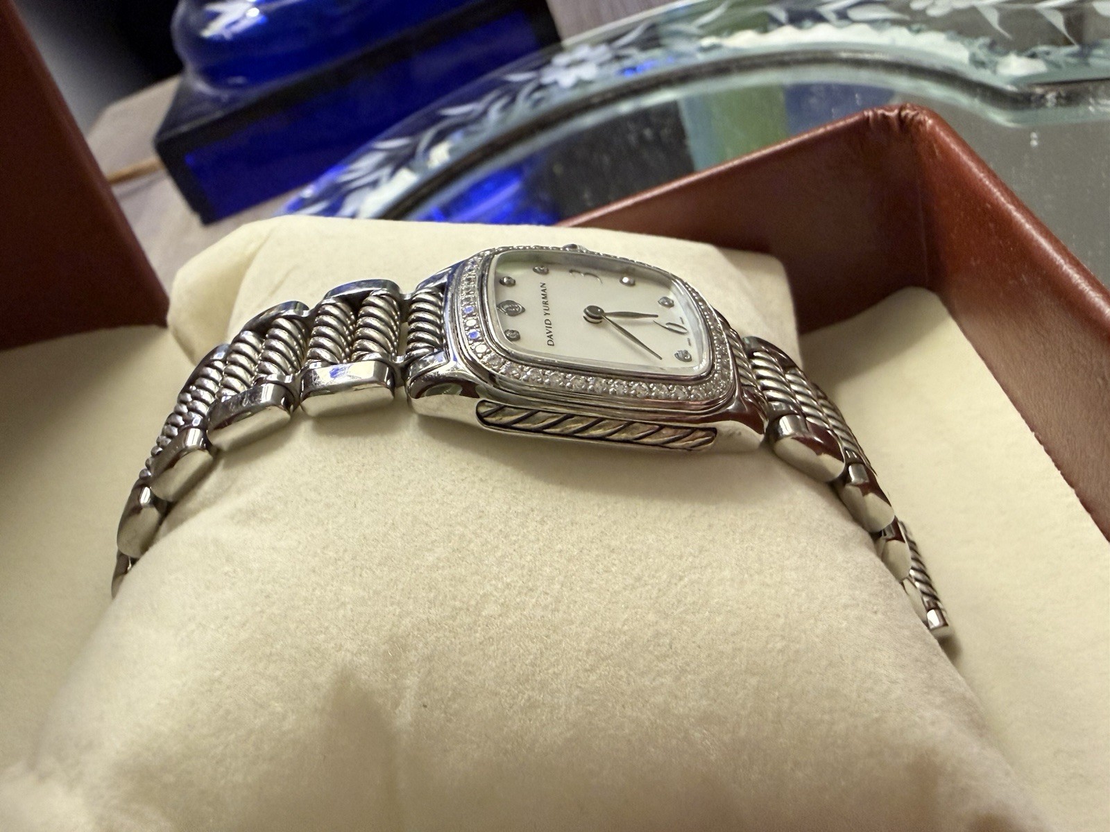 David Yurman Thoroughbred Diamond Stainless Steel Watch Mother of Pearl Sapphire