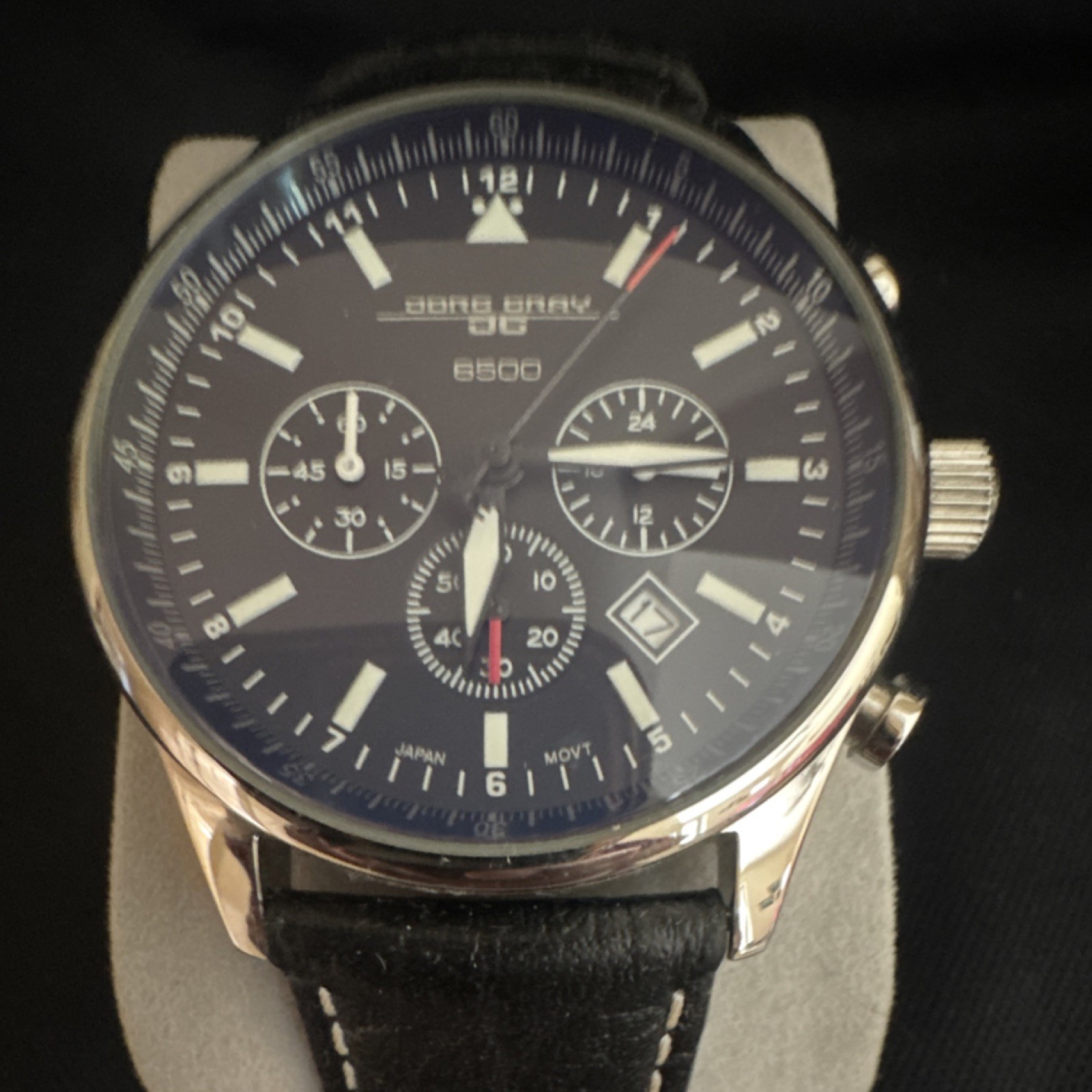 Jorg Gray 6500 Chronograph Black Dial Quartz Silver SS Case Black Leather Band