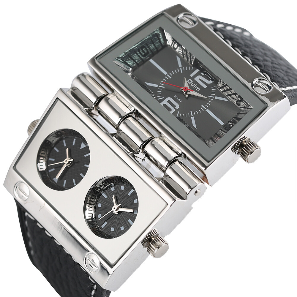 Oulm Men’s Steampunk Quartz Watch Muliti Time Zone Leather Strap Wristwatch Gift