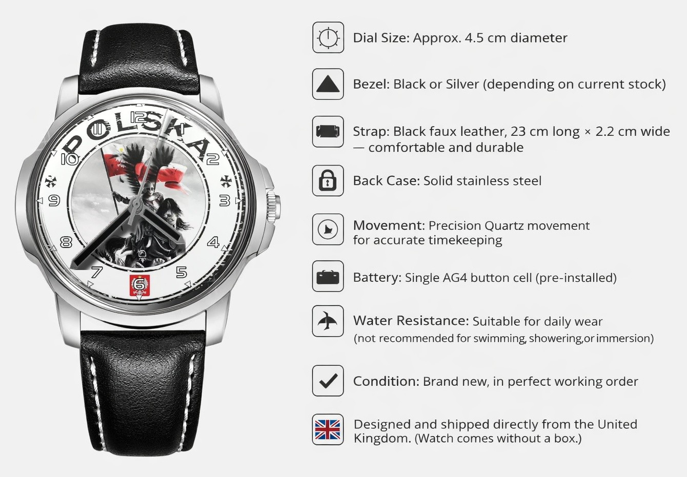 Poland Polish Polska Flag Leather Strap Big Dial Gift Wrist Watch