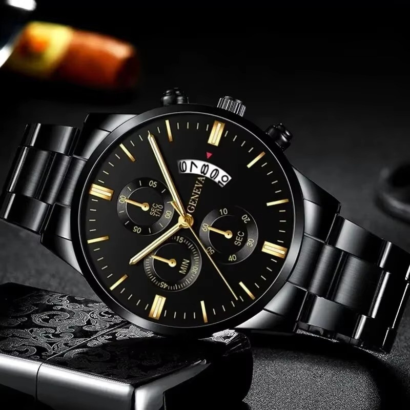 Fashion Men Stainless Steel Watch Luxury Calendar Quartz Wrist Watch 1pcs black