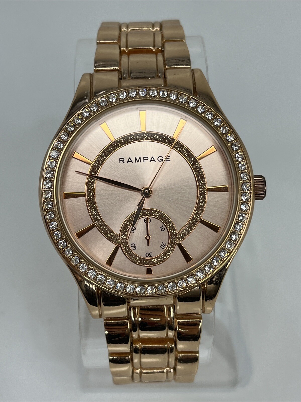Rampage Women’s Quartz Watch Rose Gold 38mm Case Rhinestone Bezel- New Battery
