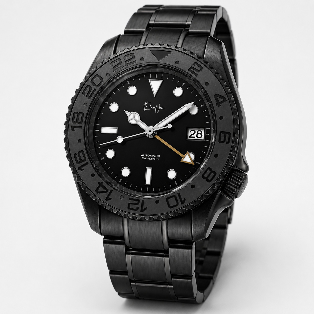 Élan Noir Automatic Day Date GMT Watch 41mm Black-Out NH35 Stainless Steel Gold