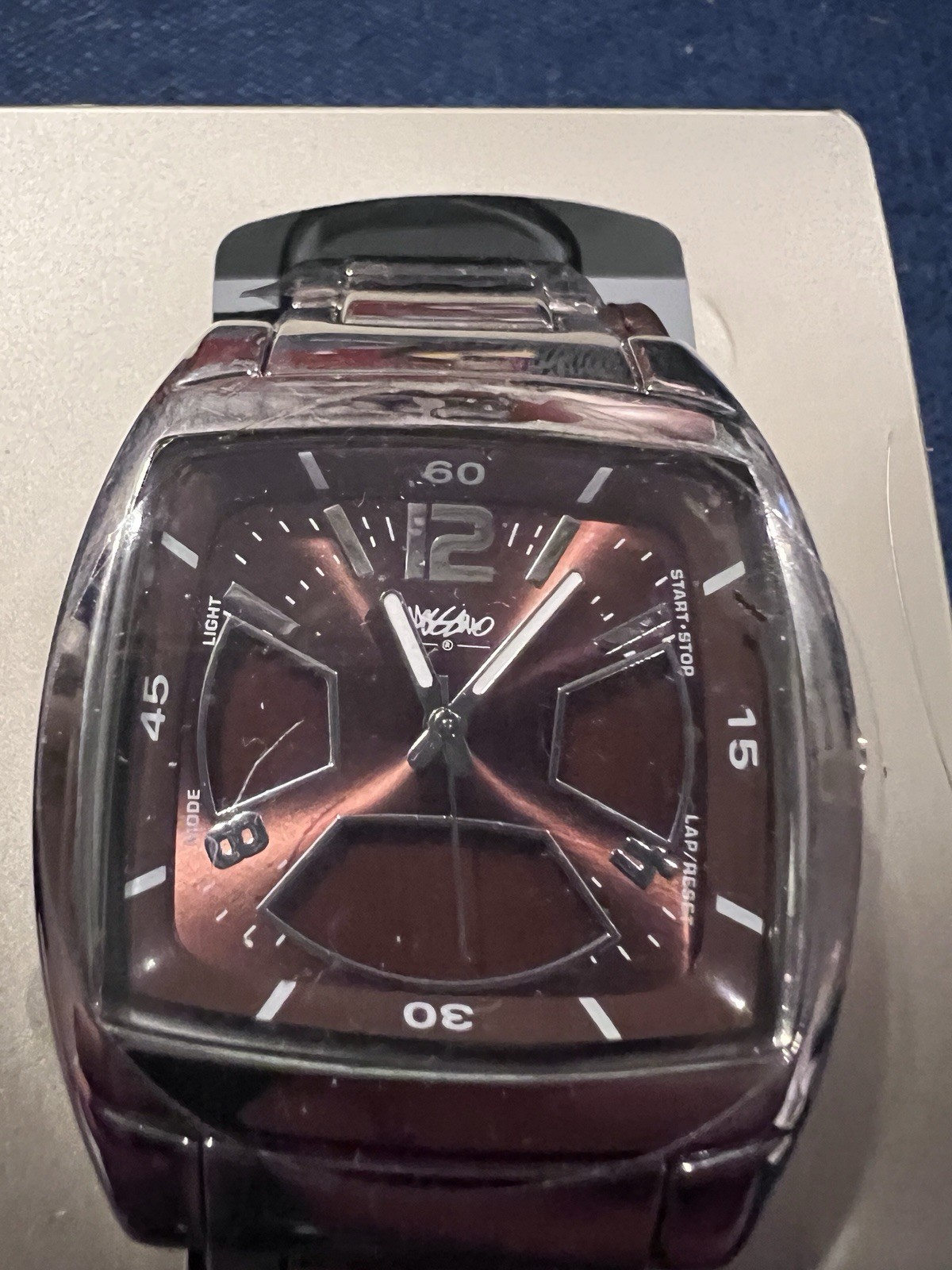 Mossimo Men’s Watch Silver Band Purple Face )Stainless Steel Back Needs Battery