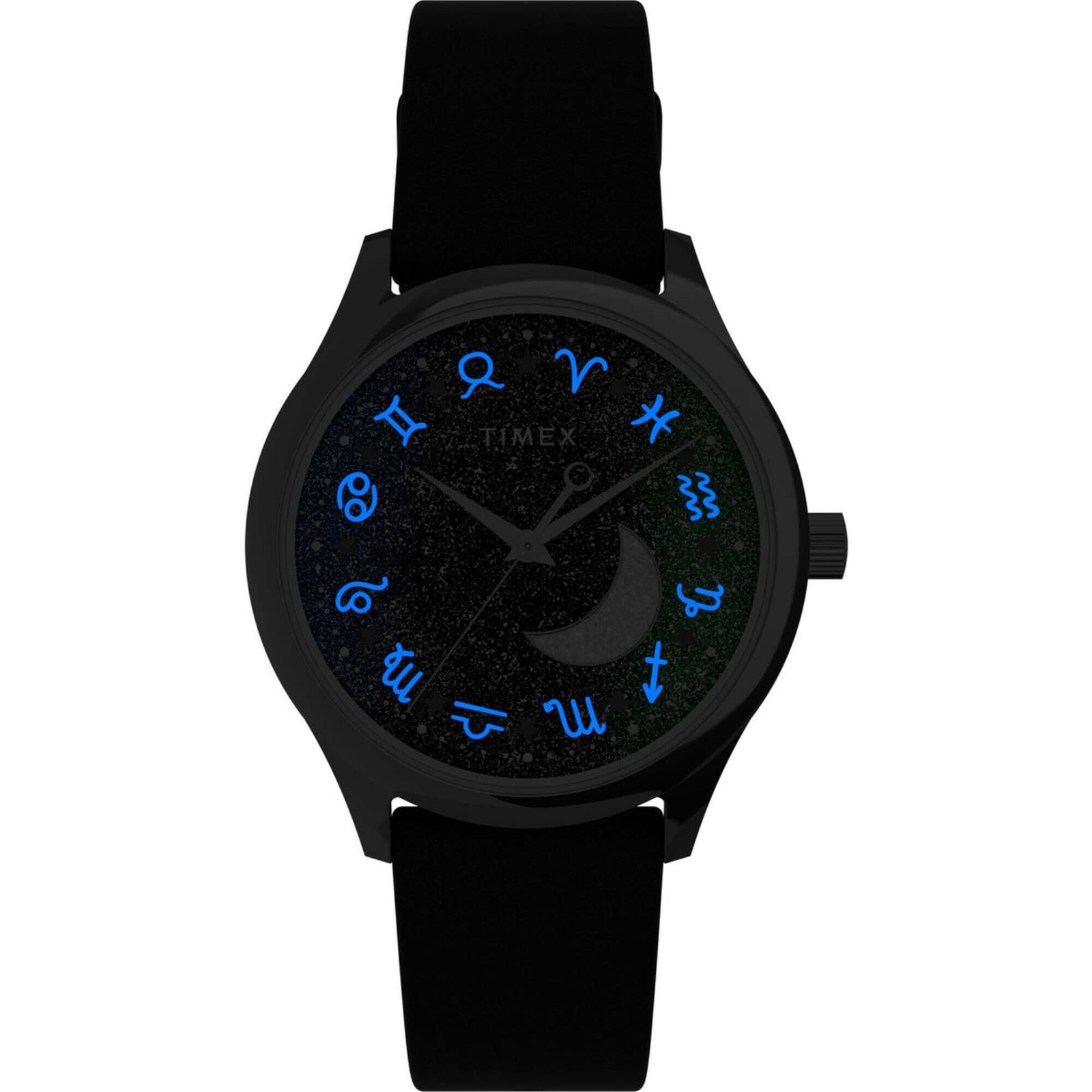 Timex Women’s Watch Celestial Blue Glitter Dial Black Leather Strap TW2V49200