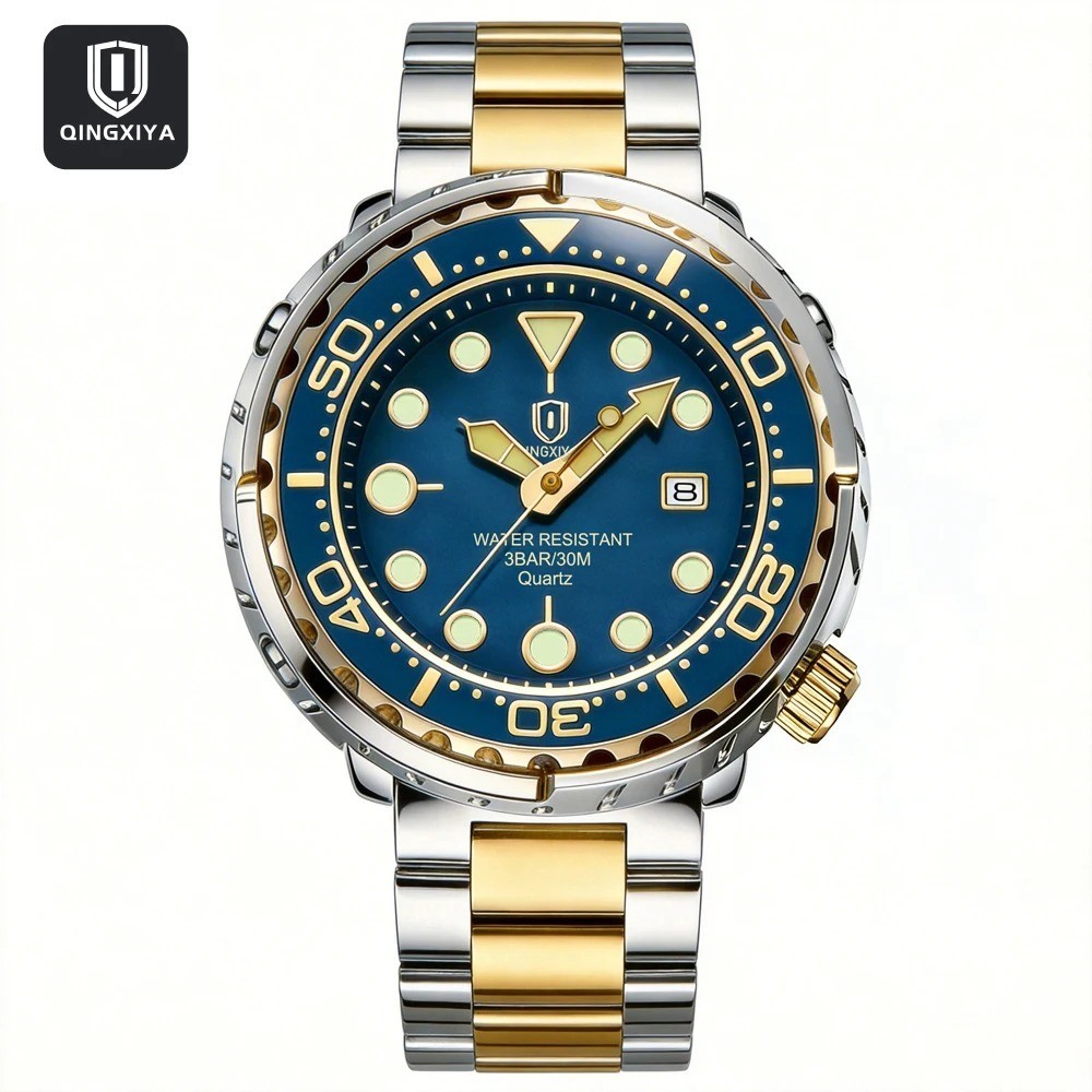QINGXIYA —Diver-style «Tuna Can» watch — Stainless steel — Quartz —