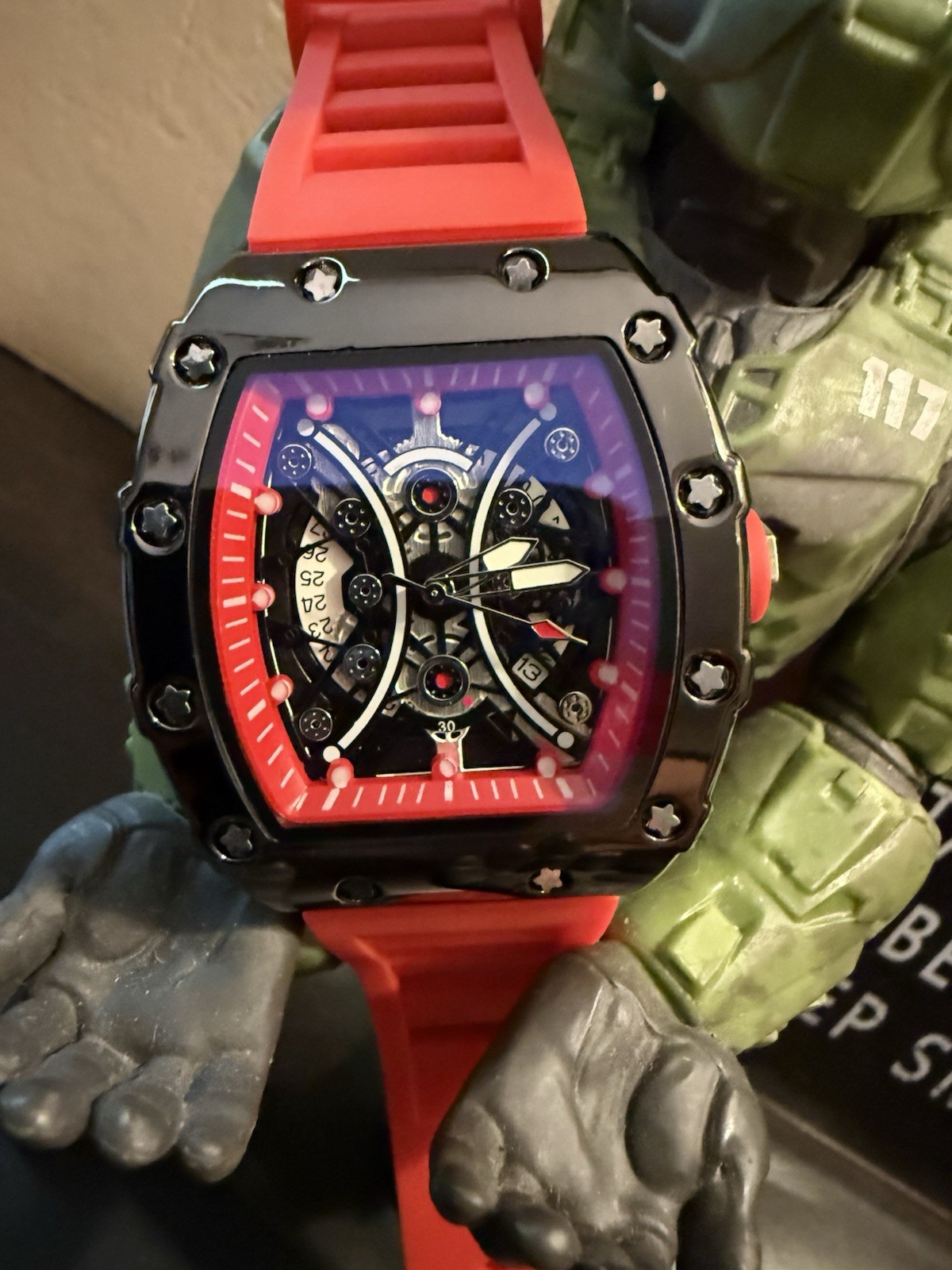 Analog Skeleton Dial Tonneau Watch Black SS Case Red Rubber Strap