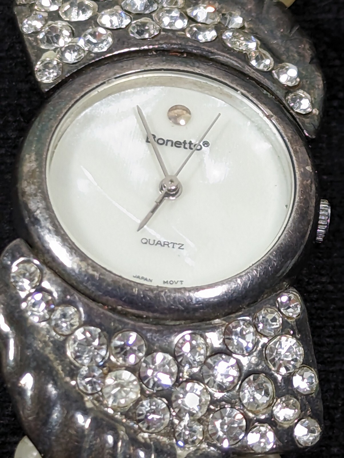 Vintage Bonetto White MOP Dial Crystal Accent Faux Pearl Band Watch 6.5 In