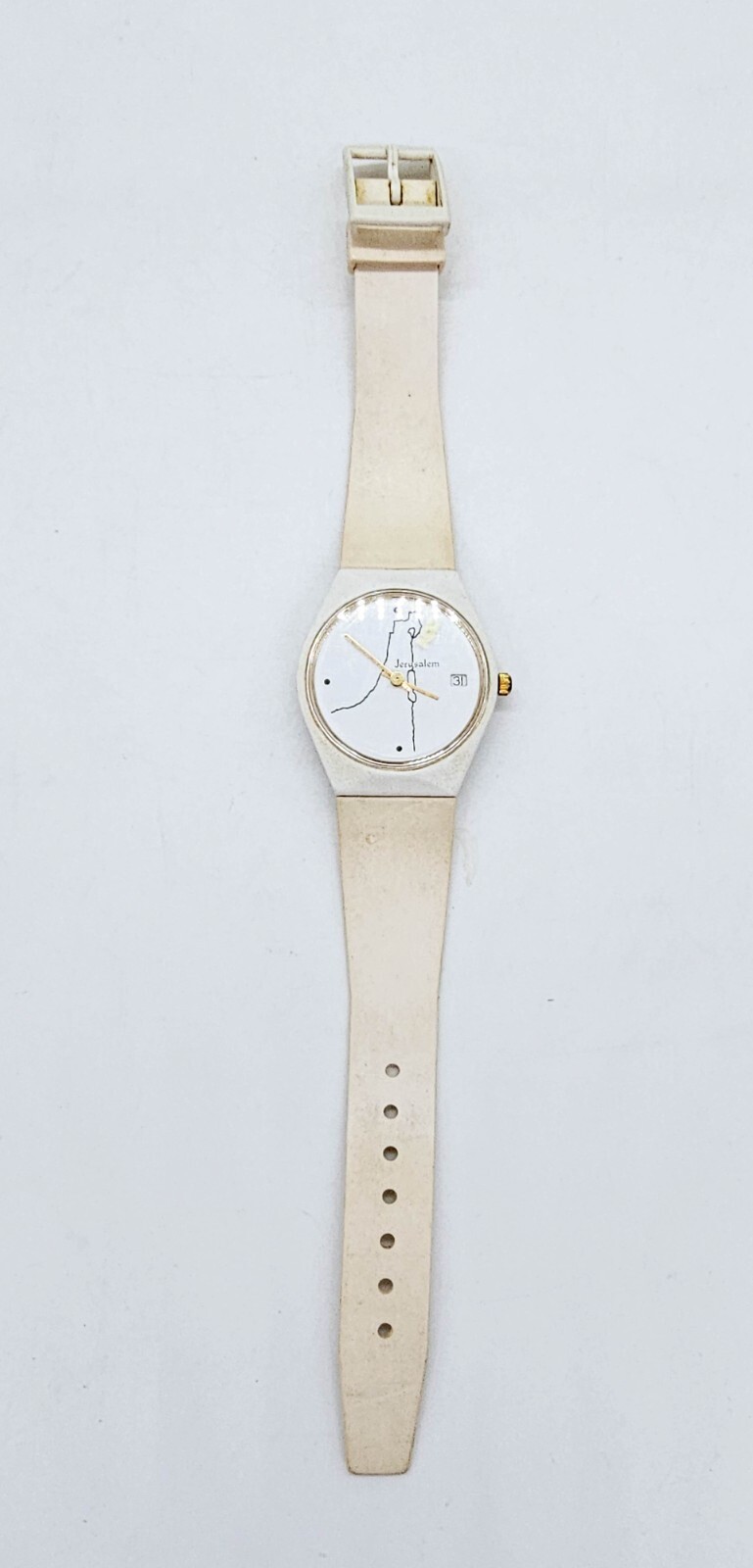 Jerusalem Wrist Watch Map of Israel NDC Parts or Repair Vintage White Holy City