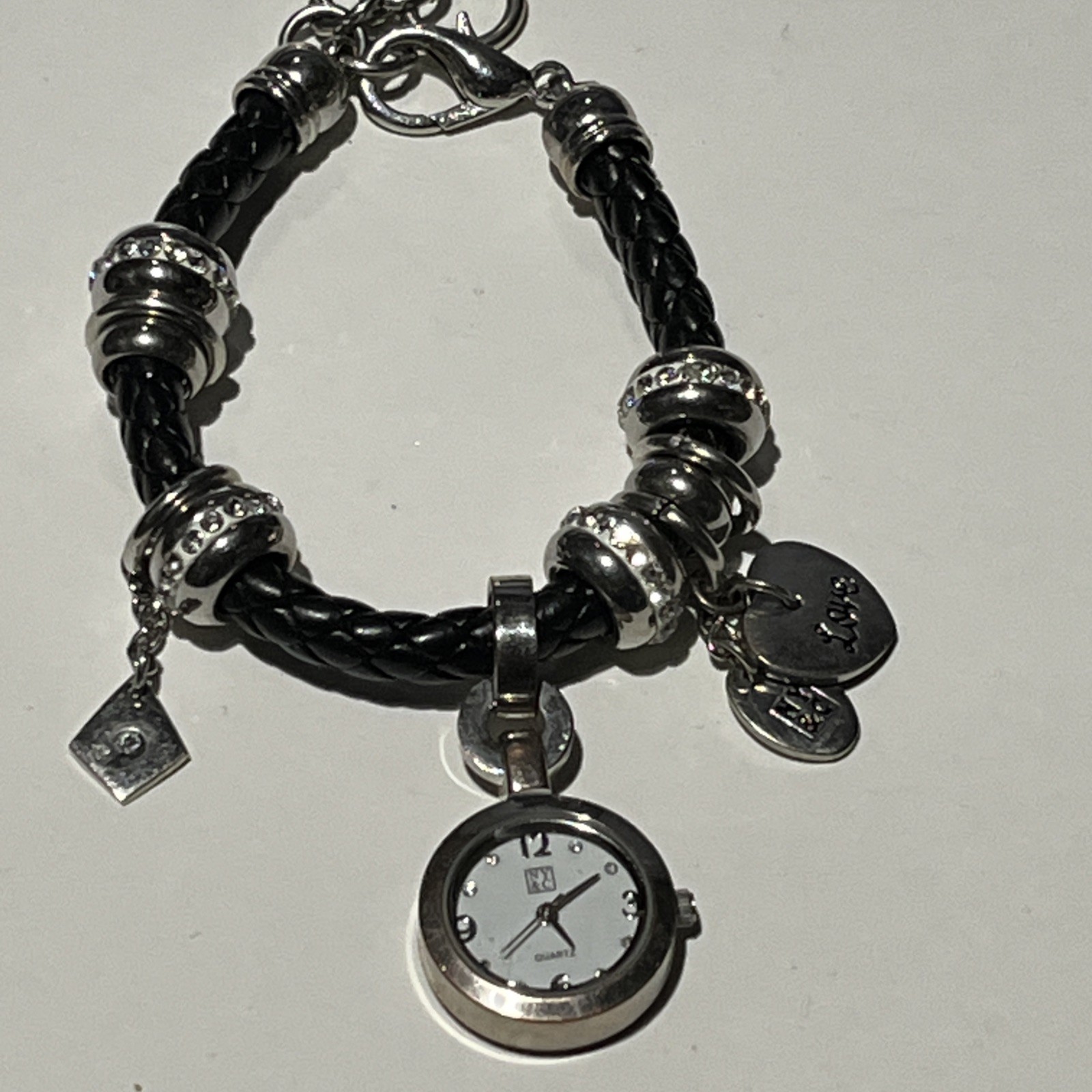 NY&Co Bracelet Watch Women 24mm Round Dial Faux Leather Rhinestone Slide Charm