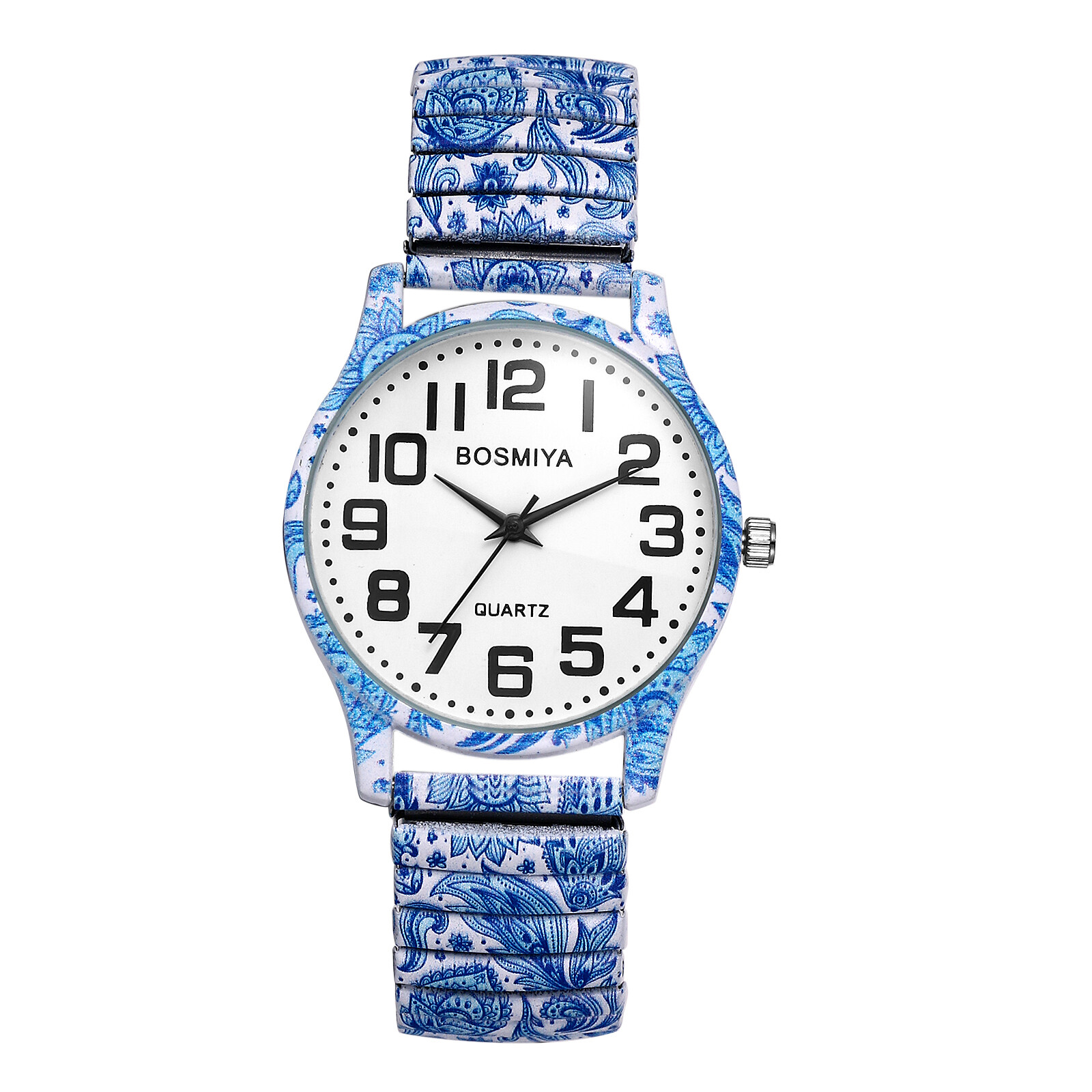 Womens Girls Boho Printed Elastic Band Big Numbers Round Dial Analog Wrist Watch