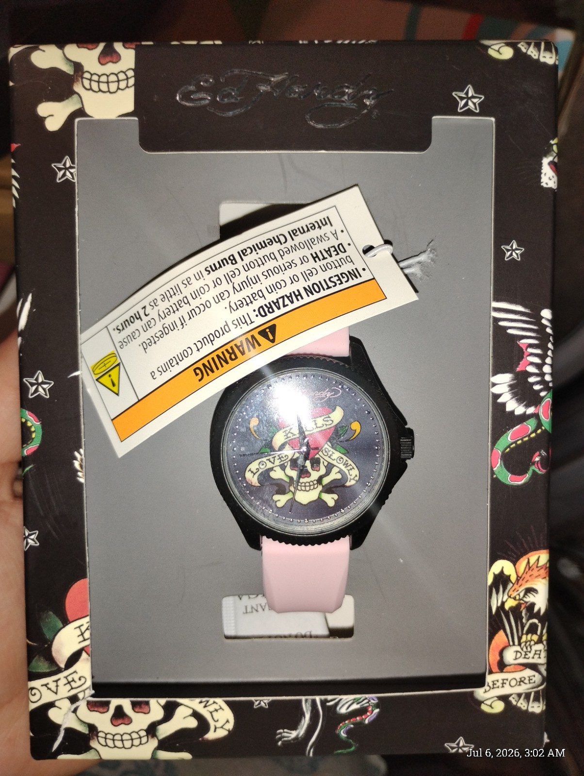 Ed Hardy Love Kills Slowly Quartz Skull Dial Pink Silicone Strap Watch 38mm