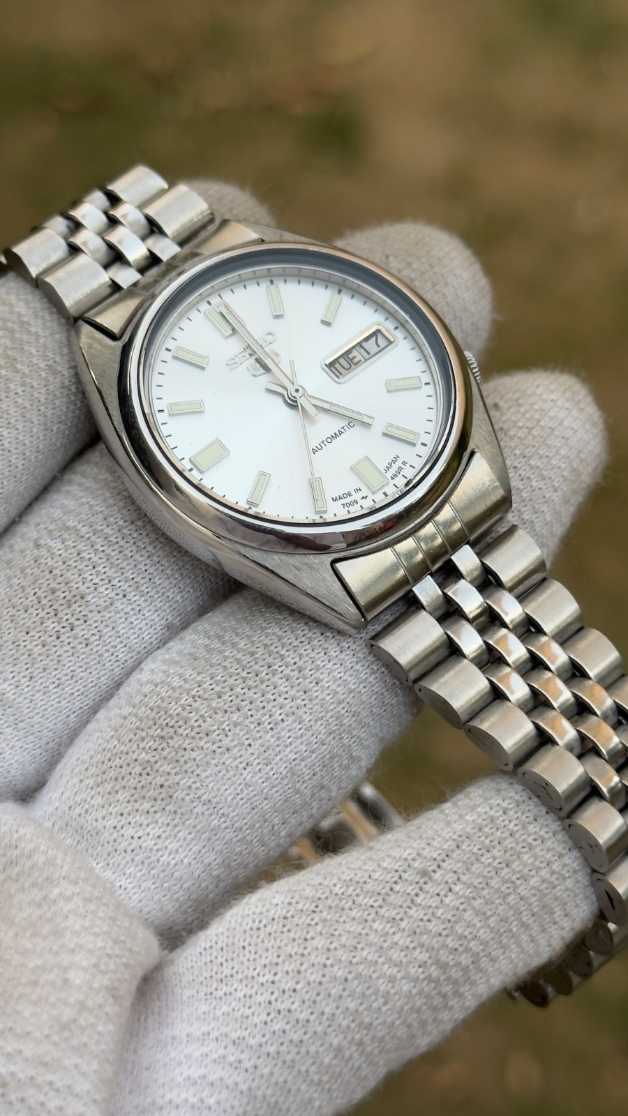 Vintage Seiko 5 Automatic Mens Watch 7009 White Dial 17 Jewels