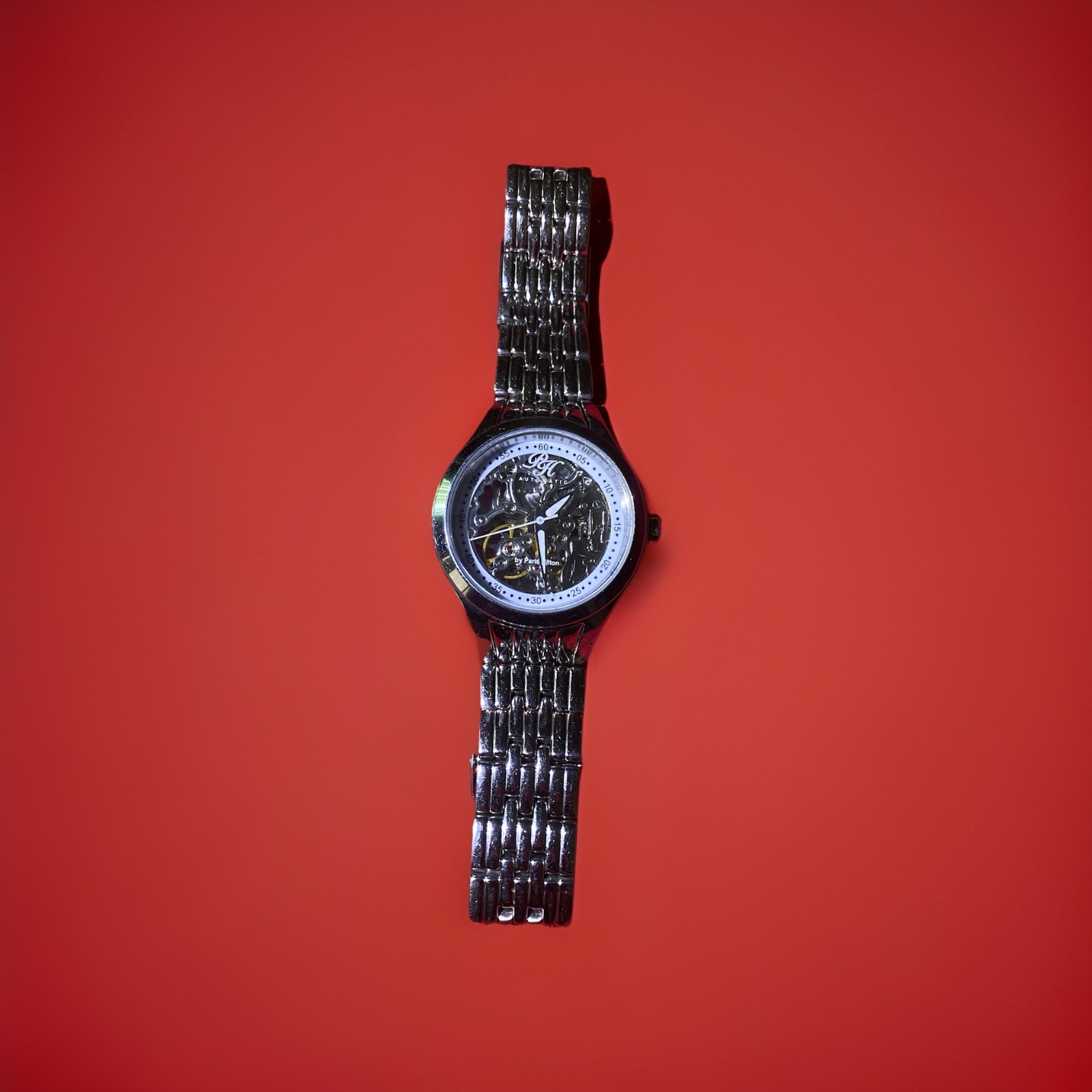 GENUINE Paris Hilton Automatic Skeleton Silver Metal Men’s Wristwatch