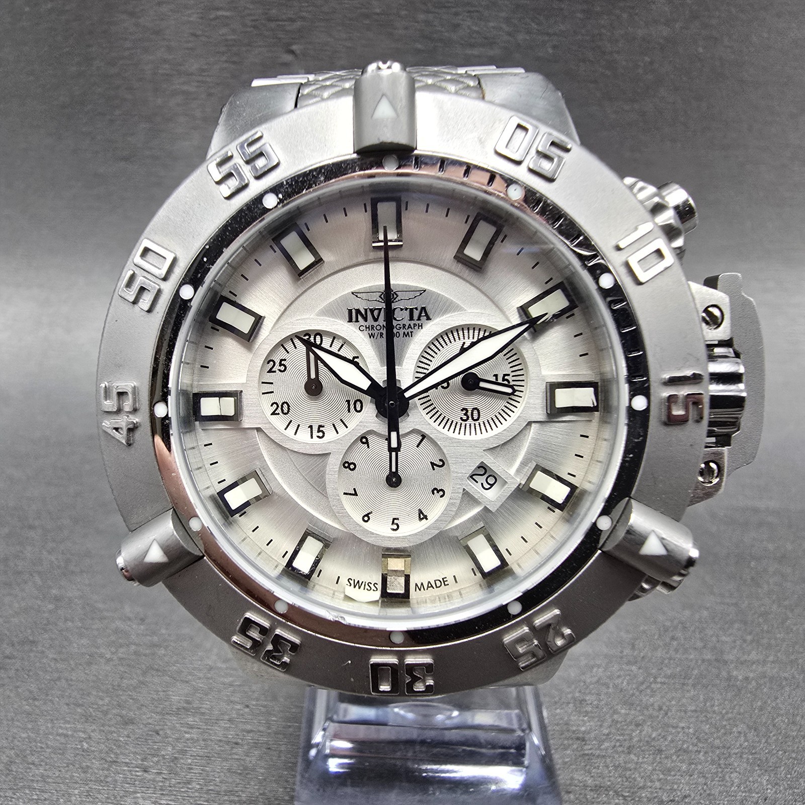 Invicta Sub Aqua Noma III Watch Men 50mm Silver Dial Silver Tone 1894 NewBattery