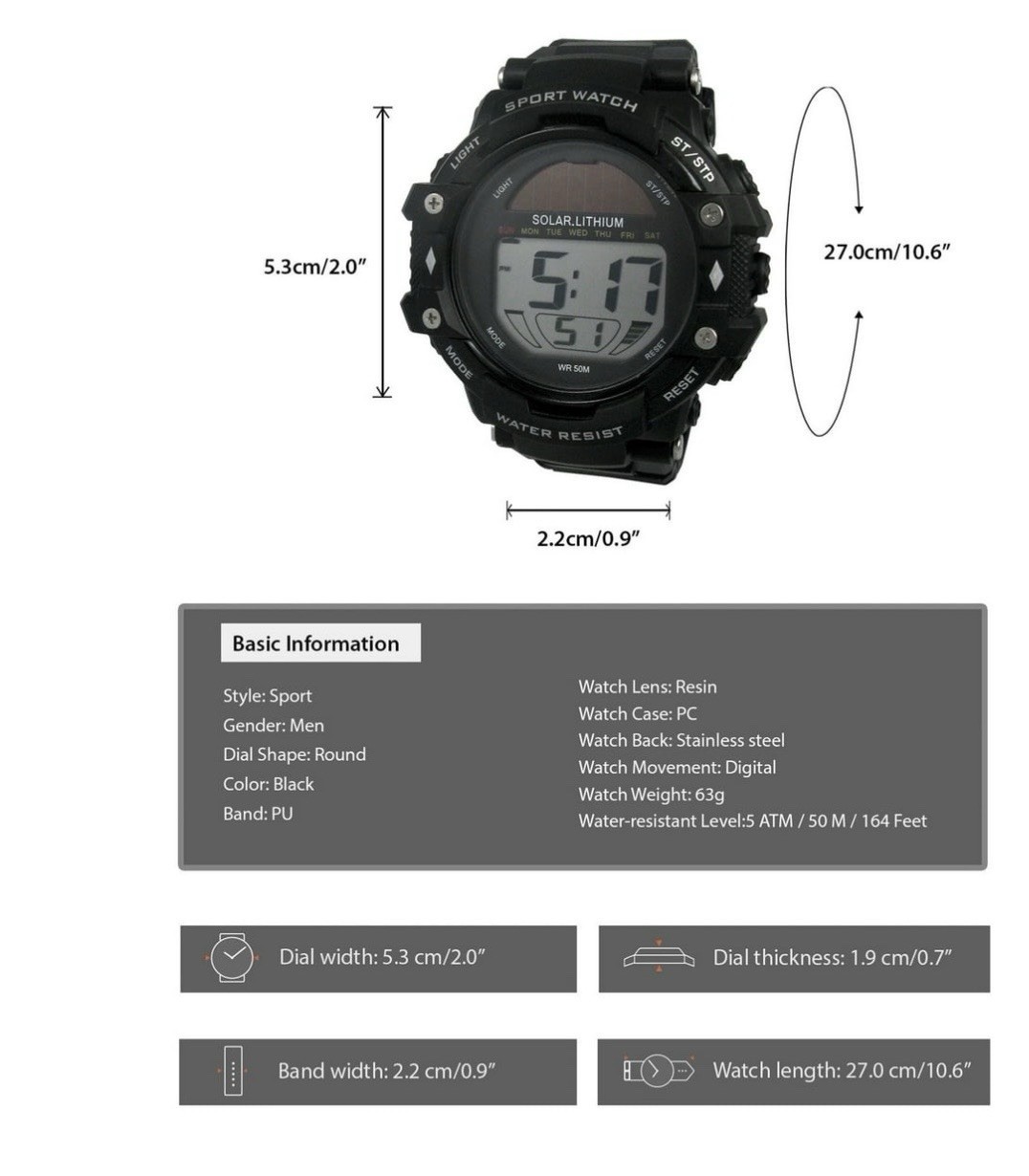 George Mens Solar Digital Wristwatch Plastic Strap, Black, Lot of 2