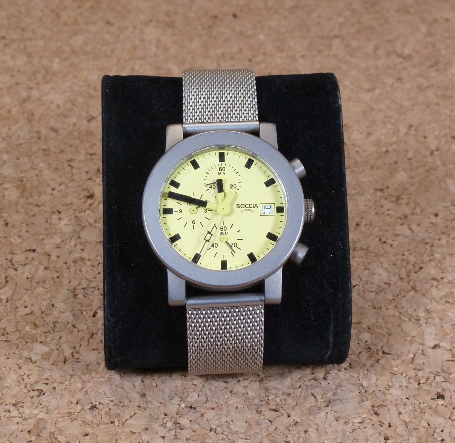 Vintage Boccia Titanium Chronograph Watch Yellow Face Silver Mesh Clasp Band