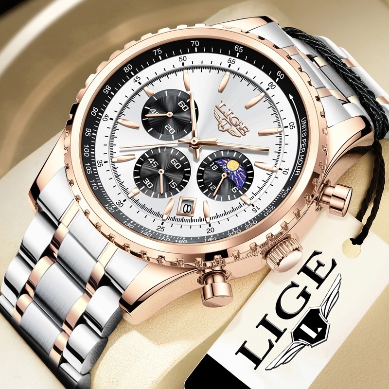 Luxury Men Watch Quartz Date Moon Phase Chronograph Waterproof Sport Wristwatch