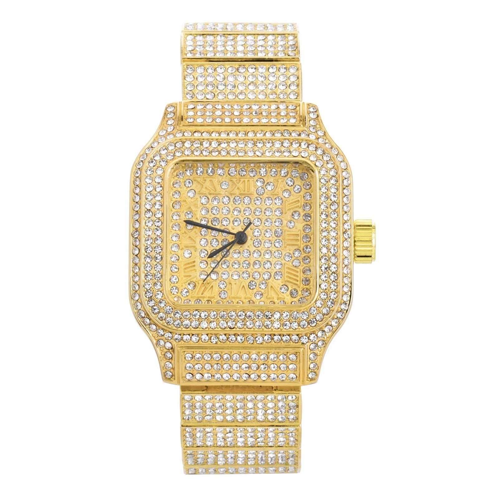 Men’s Gold Plated Bust Down Iced Square Metal Band Watch Luxury Hip Hop Bling