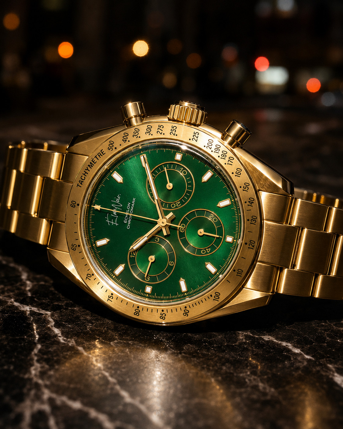 Élan Noir Chronograph Green & Gold Sapphire Crystal Stainless VK63 Quartz 41mm