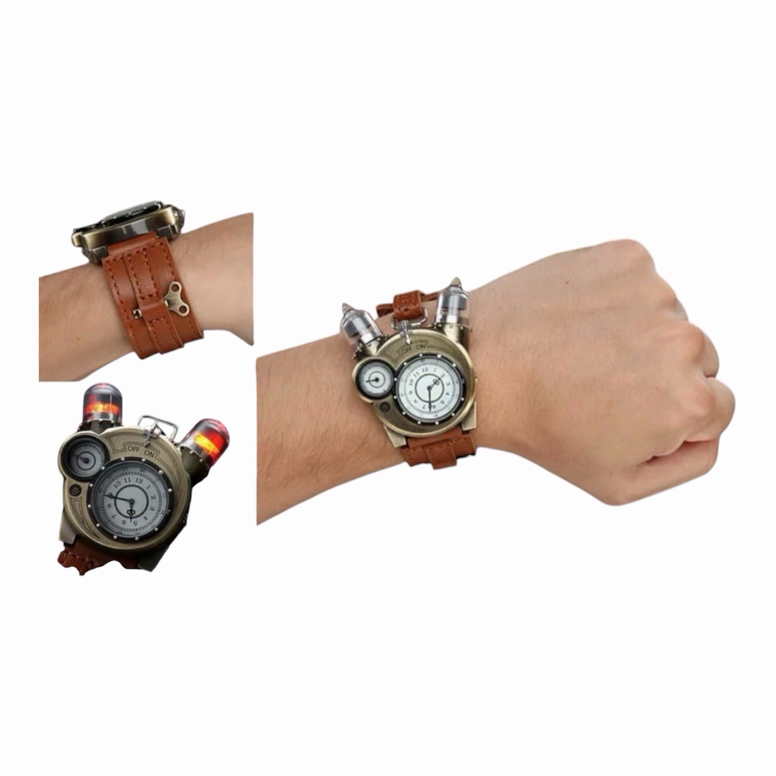 ThinkGeek Steampunk Tesla Analog Watch Leather Strap W/ Key Stainless Steel Case