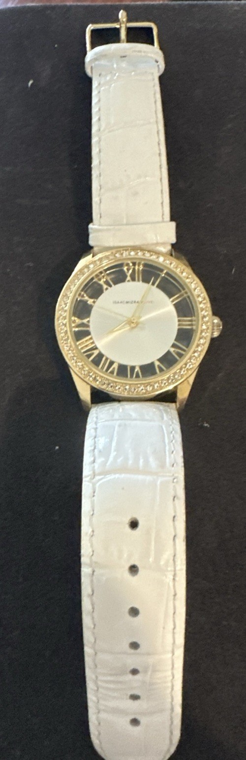 Isaac Mizrahi Live! Women’s Gold-Tone Crystal Bezel Quartz Watch White Strap