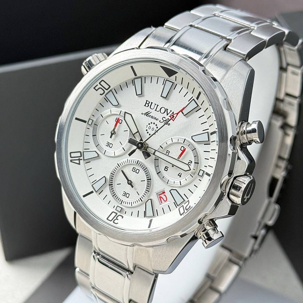 Bulova Men’s Marine Star Chronograph White Dial Stainless Quartz Watch 96B255