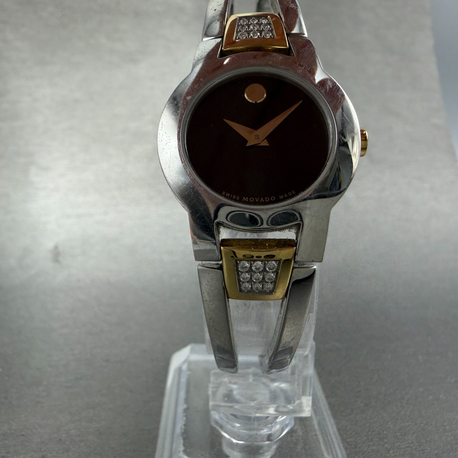 Movado Amorosa Watch Women 24mm Black Dial Two Tone Round 81 E4 1842 New Batt B9