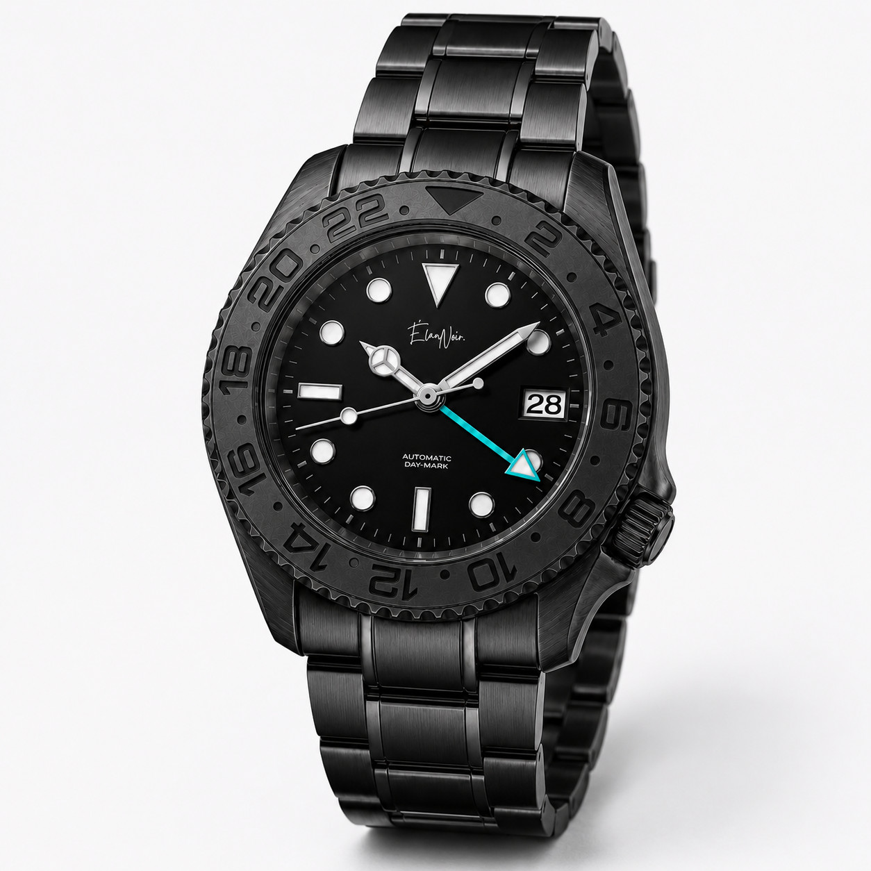 Élan Noir Automatic Day Date GMT Watch 41mm BlackOut NH35 StainlessSteel Tiffany