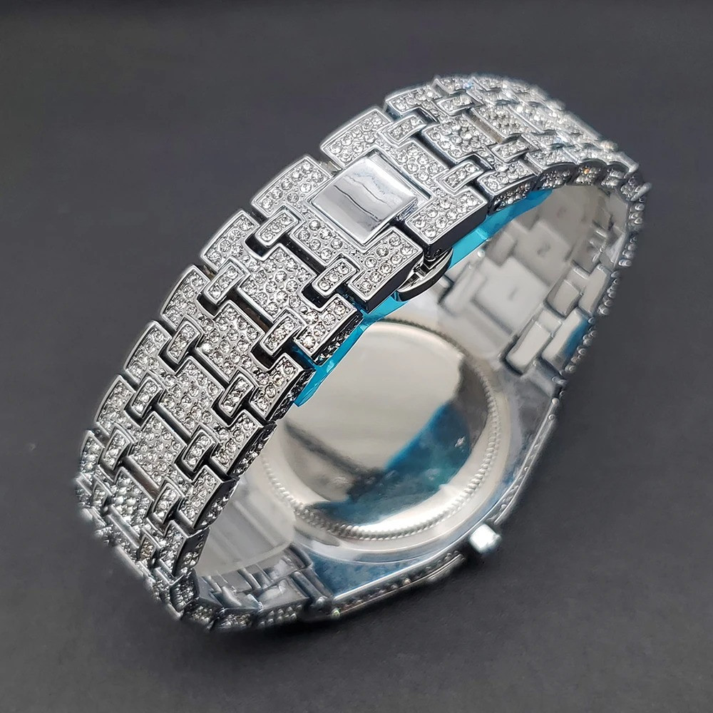 Mens Diamond Bling Watch Quartz Luxury Zircon Bezel Fashion Wristwatch