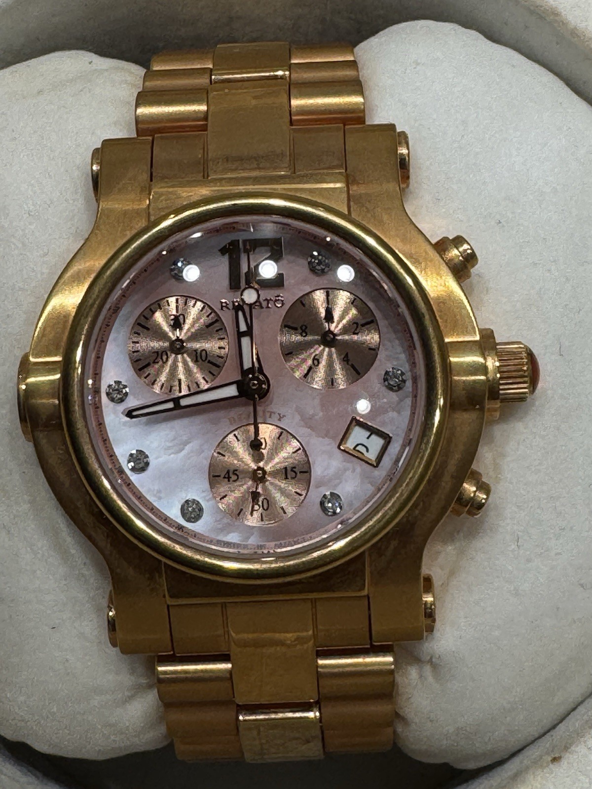 RENATO «Beauty» Women’s CHRONOGRAPH Watch Rose Gold Diamond Accent MOP Dial NIB