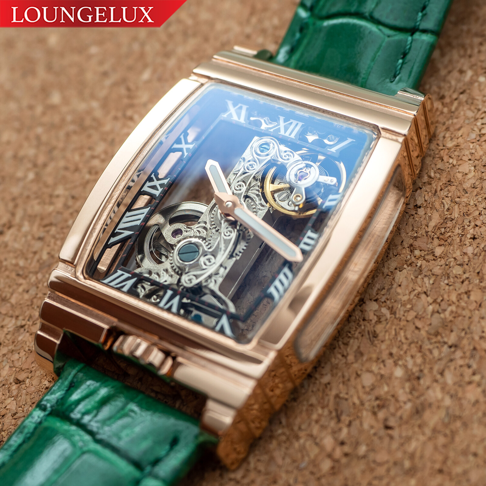 Mens Rose Gold Bridge Manual Mechanical Watch – Green Leather DIASTERIA 1688B